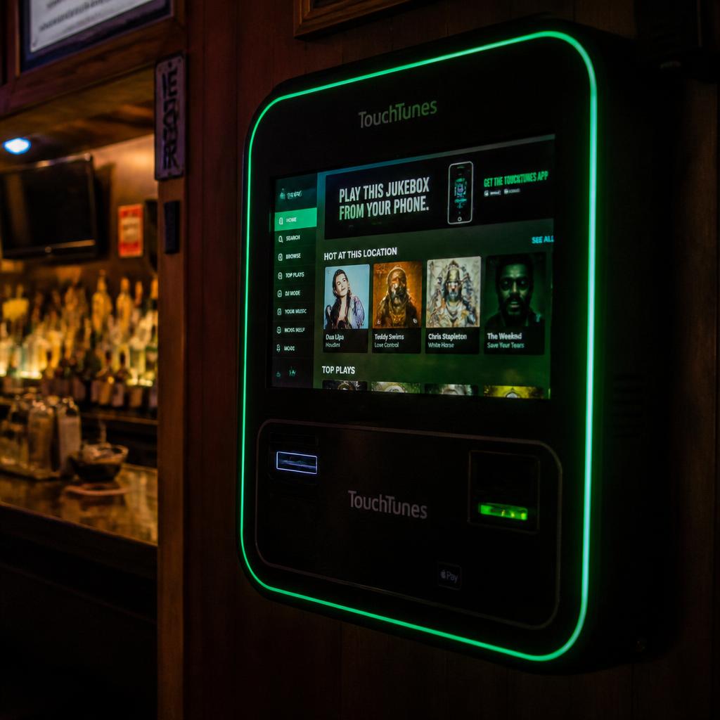 TouchTunes jukebox installed on the wall of a Long Island bar at night